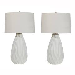 Pair of White Carved Wood Lamps