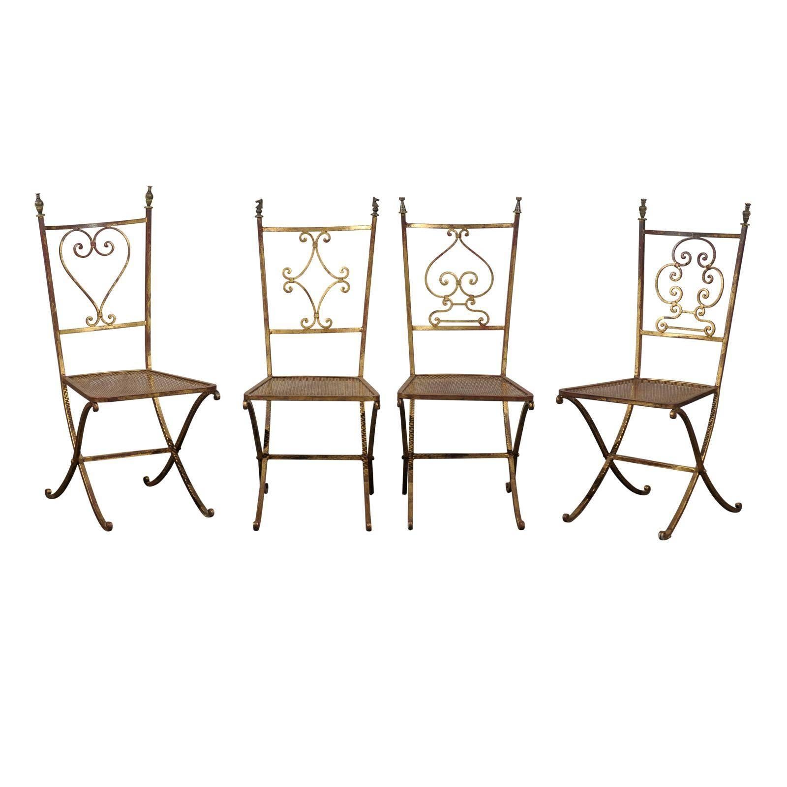 Set of Four 20th Century French Gilt Metal Chairs, Cast Bronze Chessman Finials