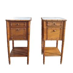 Pair of 19th-20th Century French Faux Bamboo Nightstands - Pine & Marble