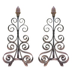 Pair of Hand-Wrought Andirons with Brass Acorn, circa 1900