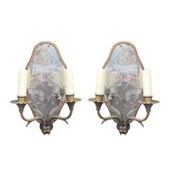 Antique Pair of Superior Gilt Metal Chinoiserie Mirrored Sconces