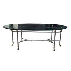 Mid-Century Oval Steel and Brass Coffee Table with Horse Hoof Motif