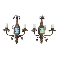 Pair of Early 20th Century Tole Sconces with Amethyst Prisms, Made in France