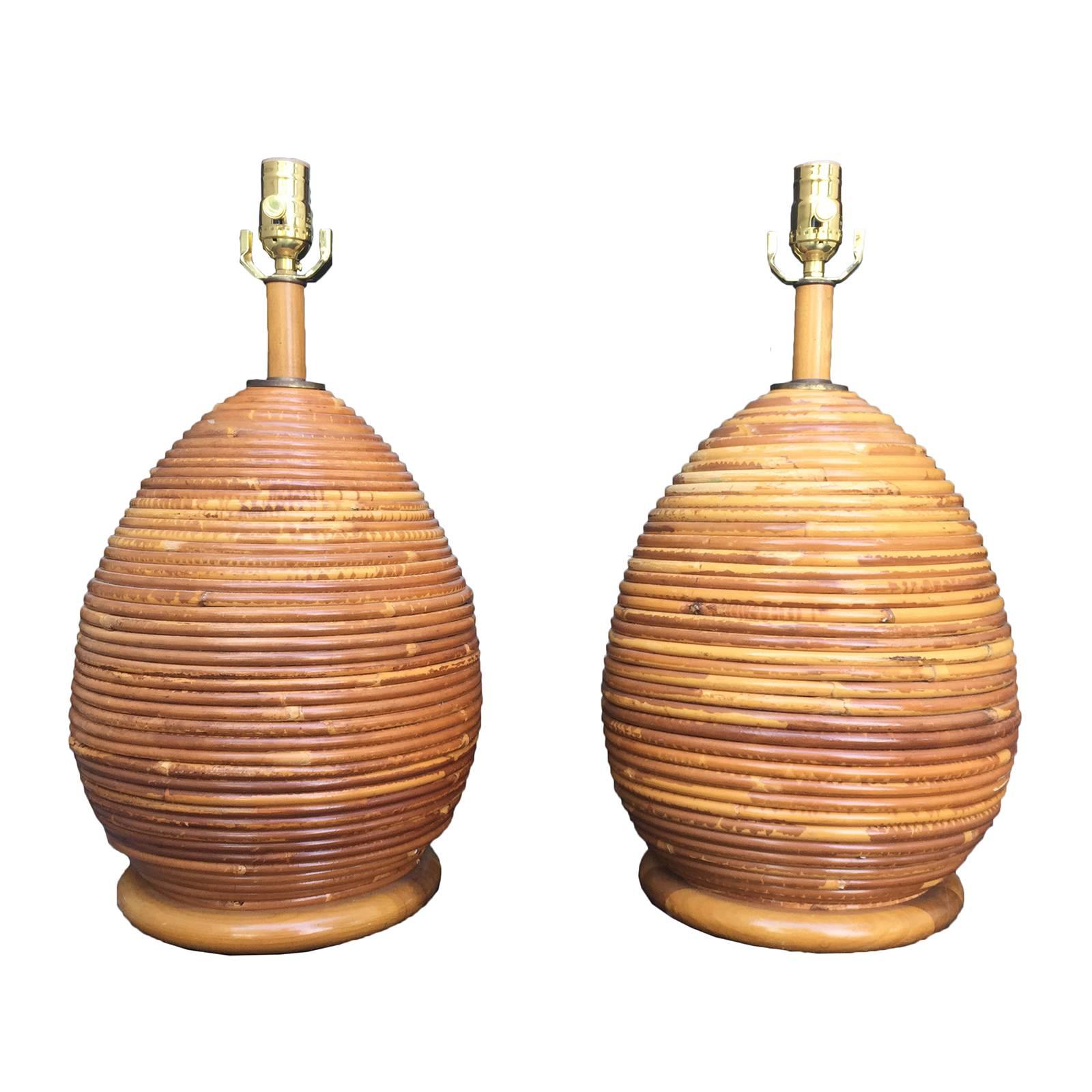 Pair of Vintage Pencil Reed Bamboo Lamps