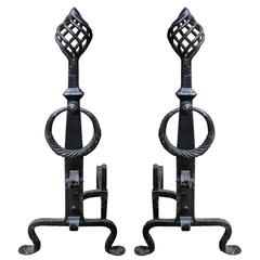 Early 20th Century Twist Finial Andirons, Black Finish