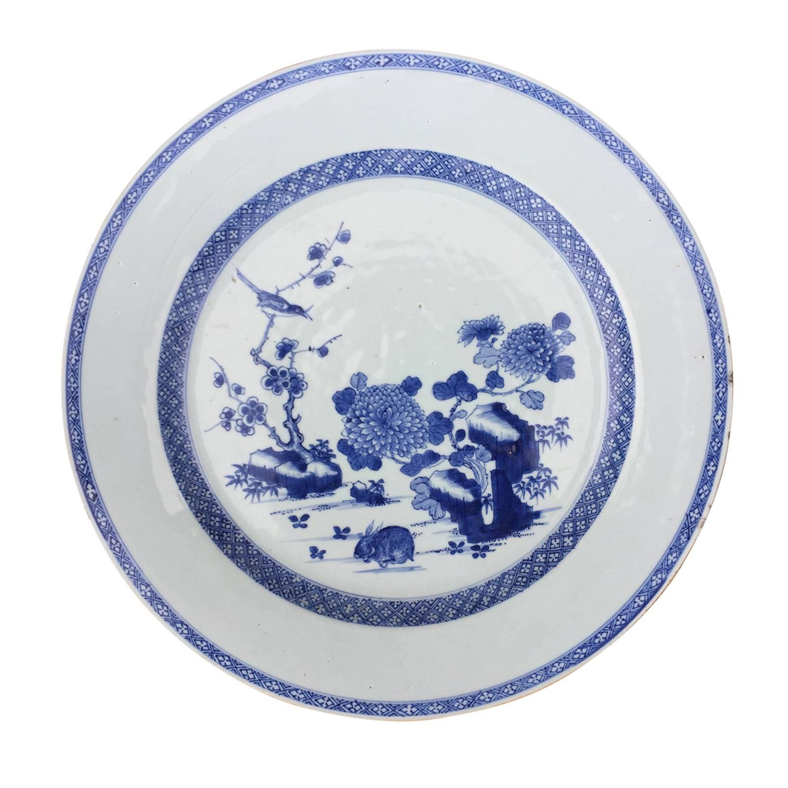 18th Century Chinese Blue and White Plate with Rabbit For Sale