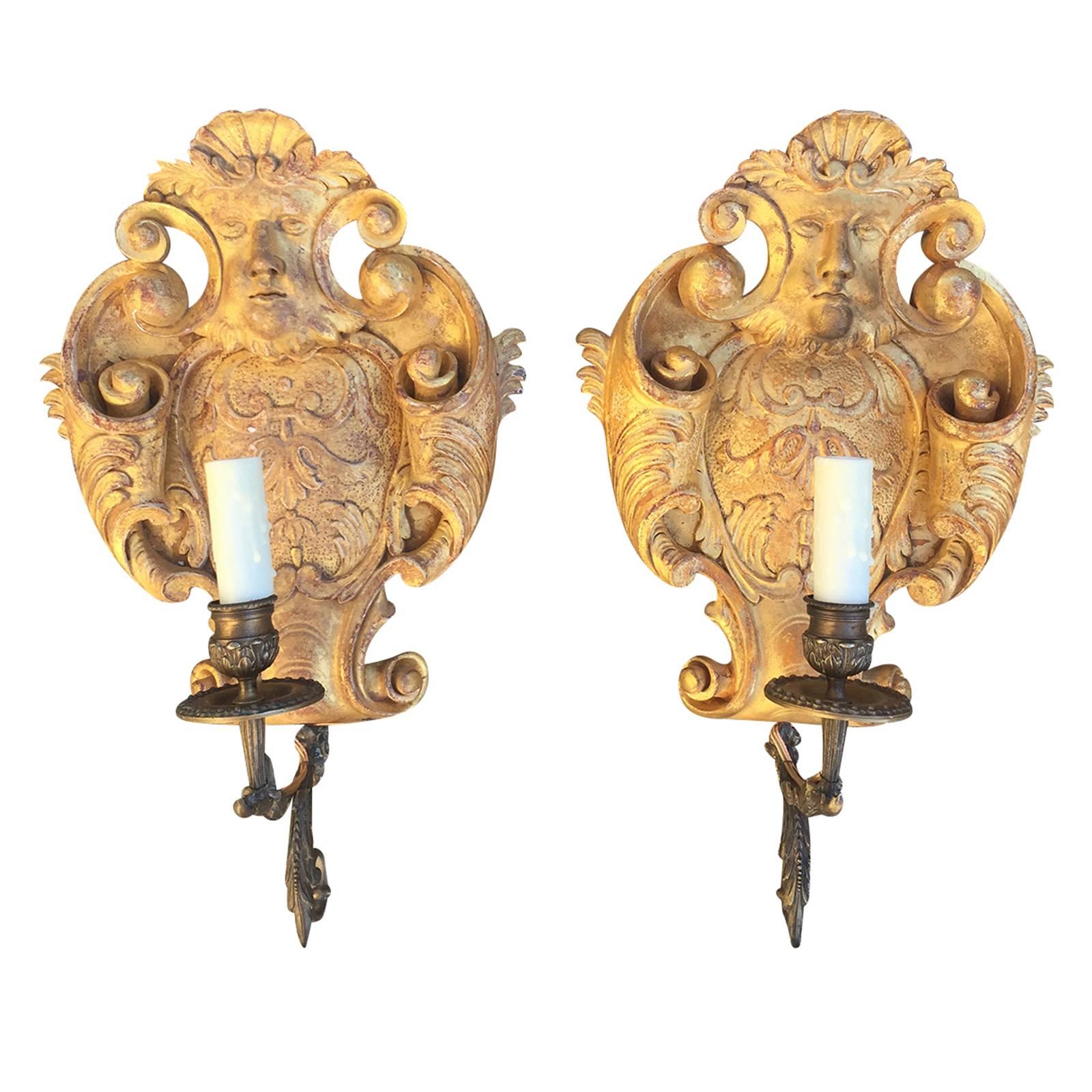 20th Century Giltwood Brass Single Arm Sconces For Sale