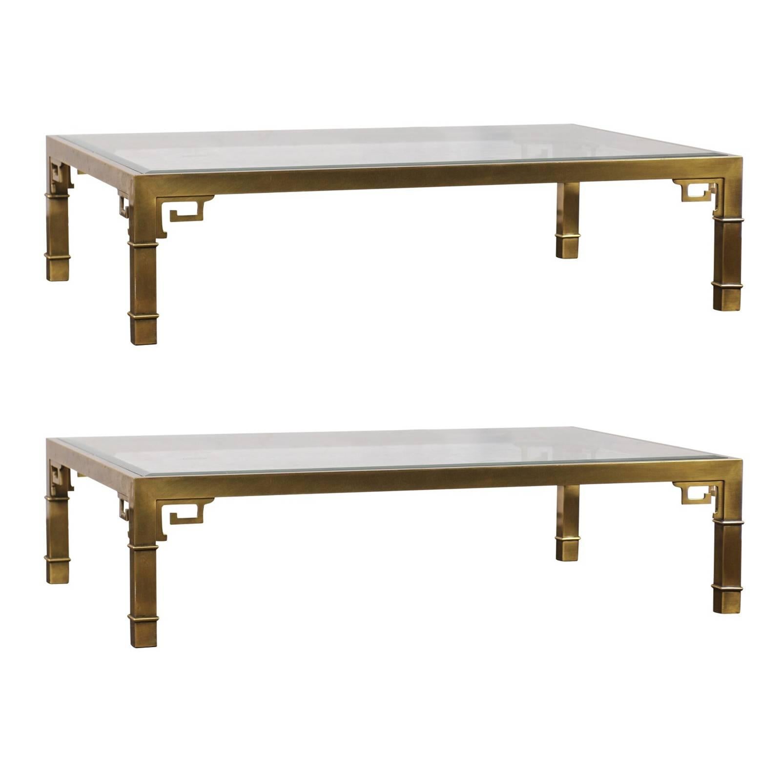 Pair of Mastercraft Chinese Polished Brass Greek Key Coffee Tables,  circa 1970s For Sale