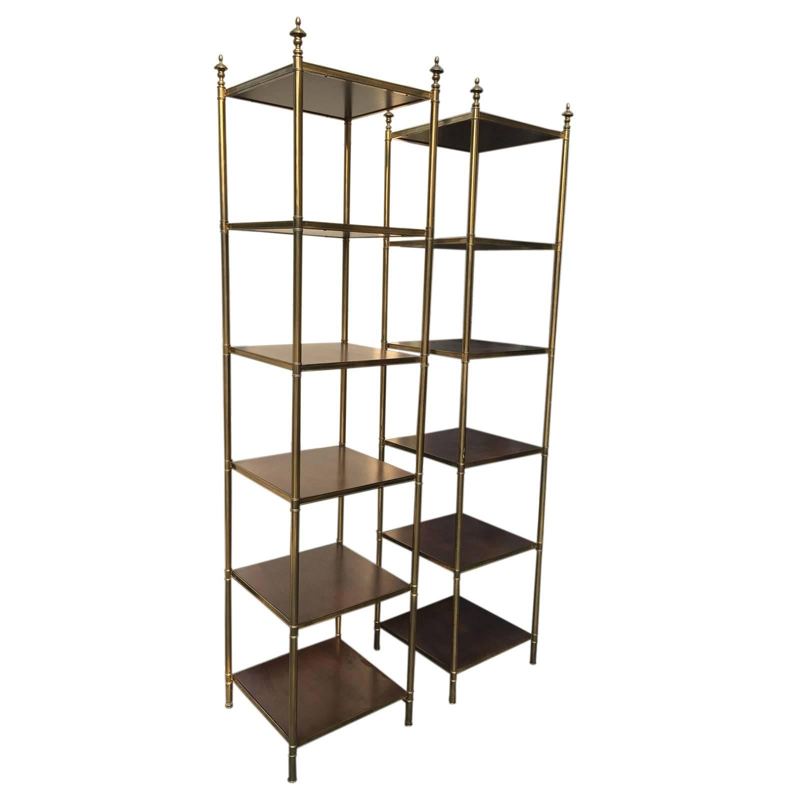 20th Century Tall Brass and Wood Six-Shelves Etageres with Urn Finials