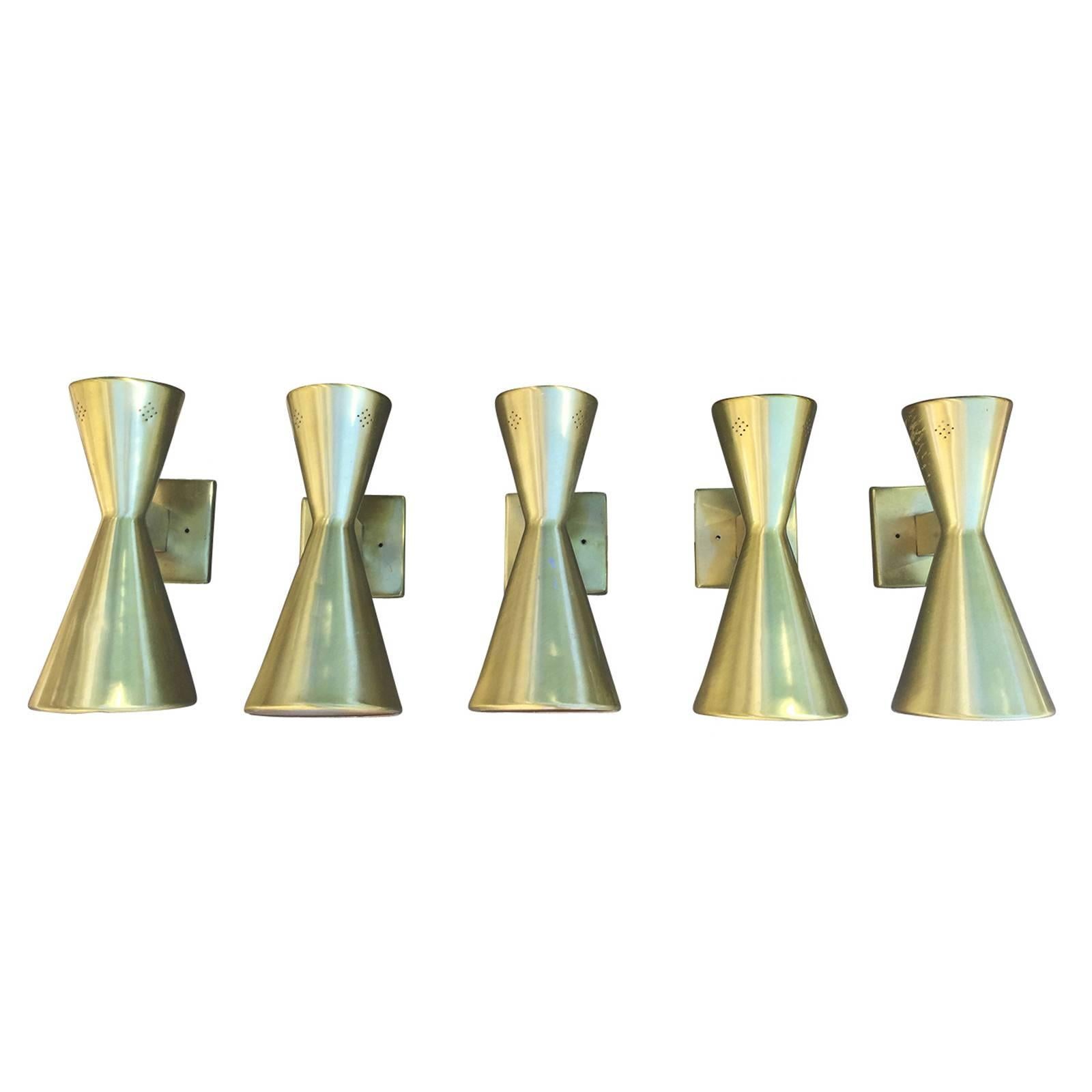 Set of Five Mid-Century, circa 1950s Gold Wall Sconces, Attributed to Lightolier