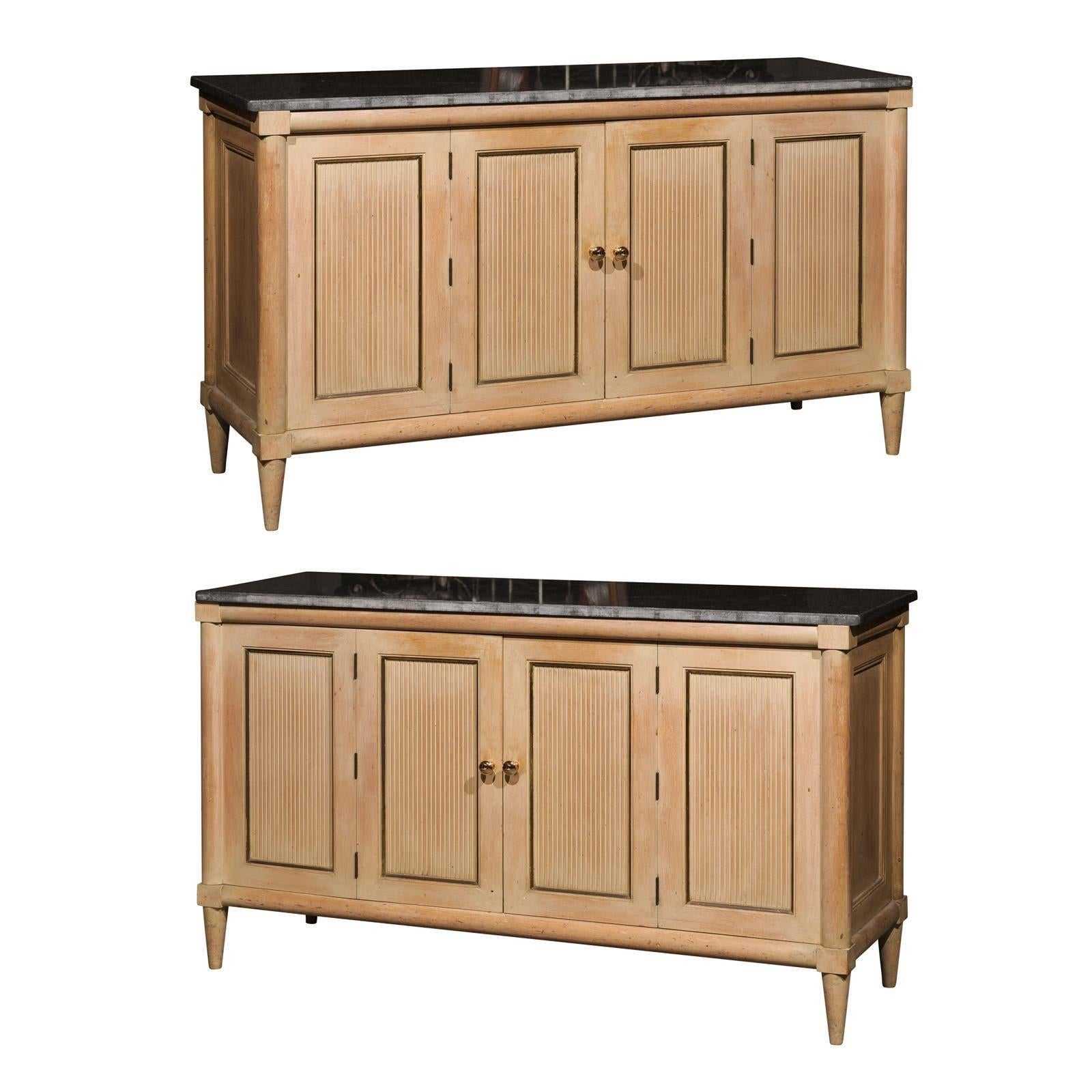 Pair of American Mid-Century Marble Top Long Cabinets