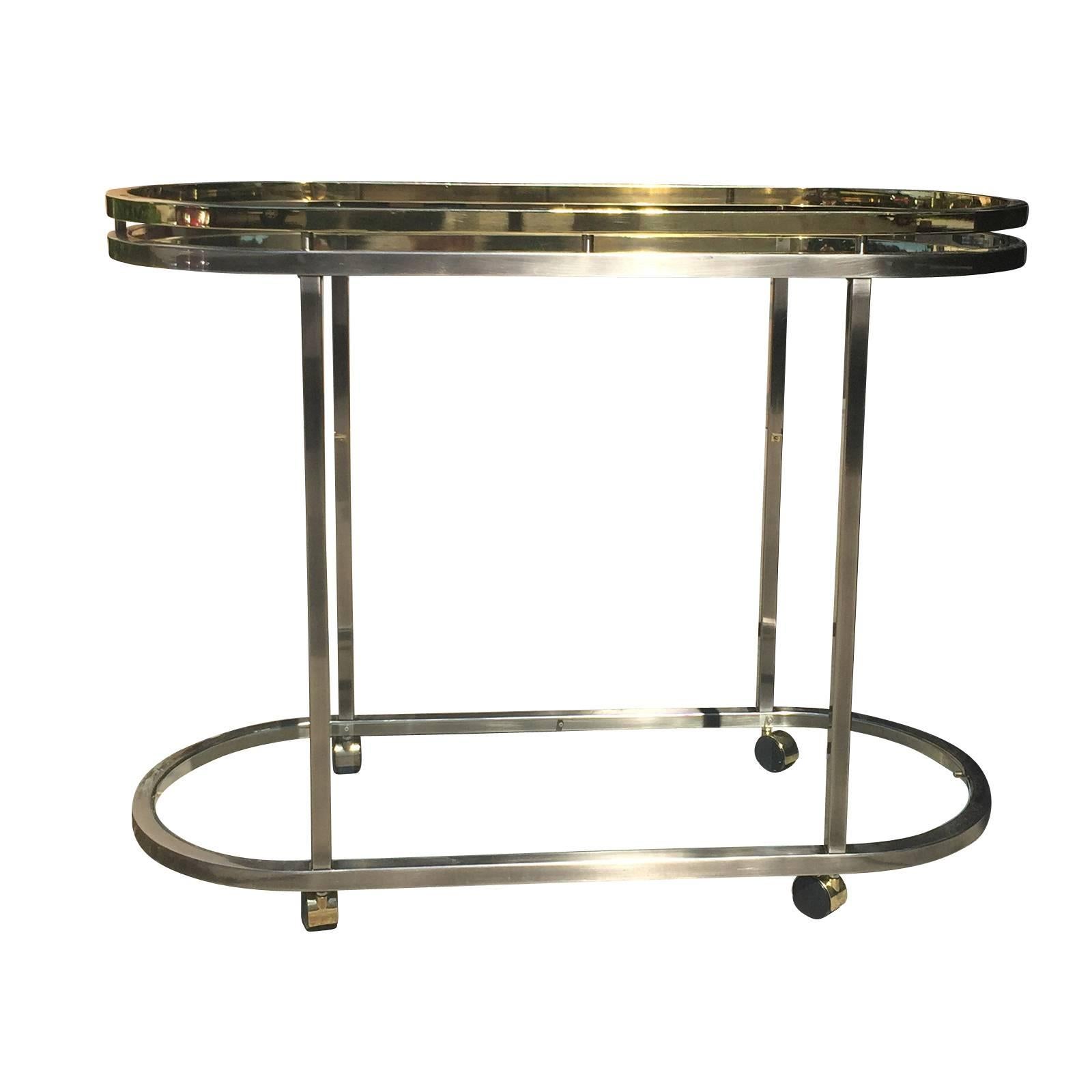 Mid-Century Brass and Steel Oval Bar Cart with Glass Top