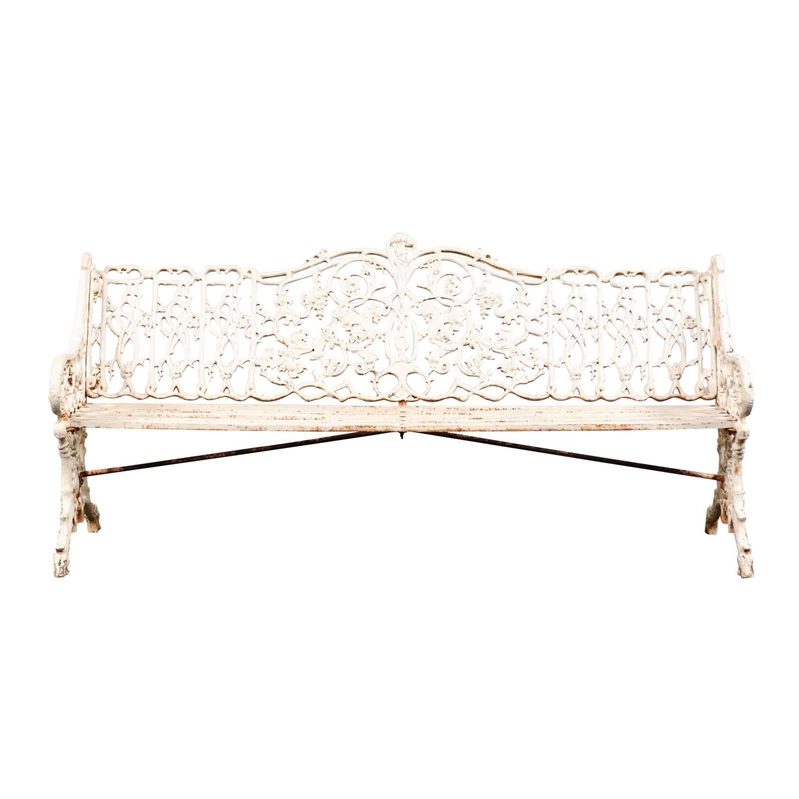 19th Century English Painted Iron Garden Bench, Old Surfaces