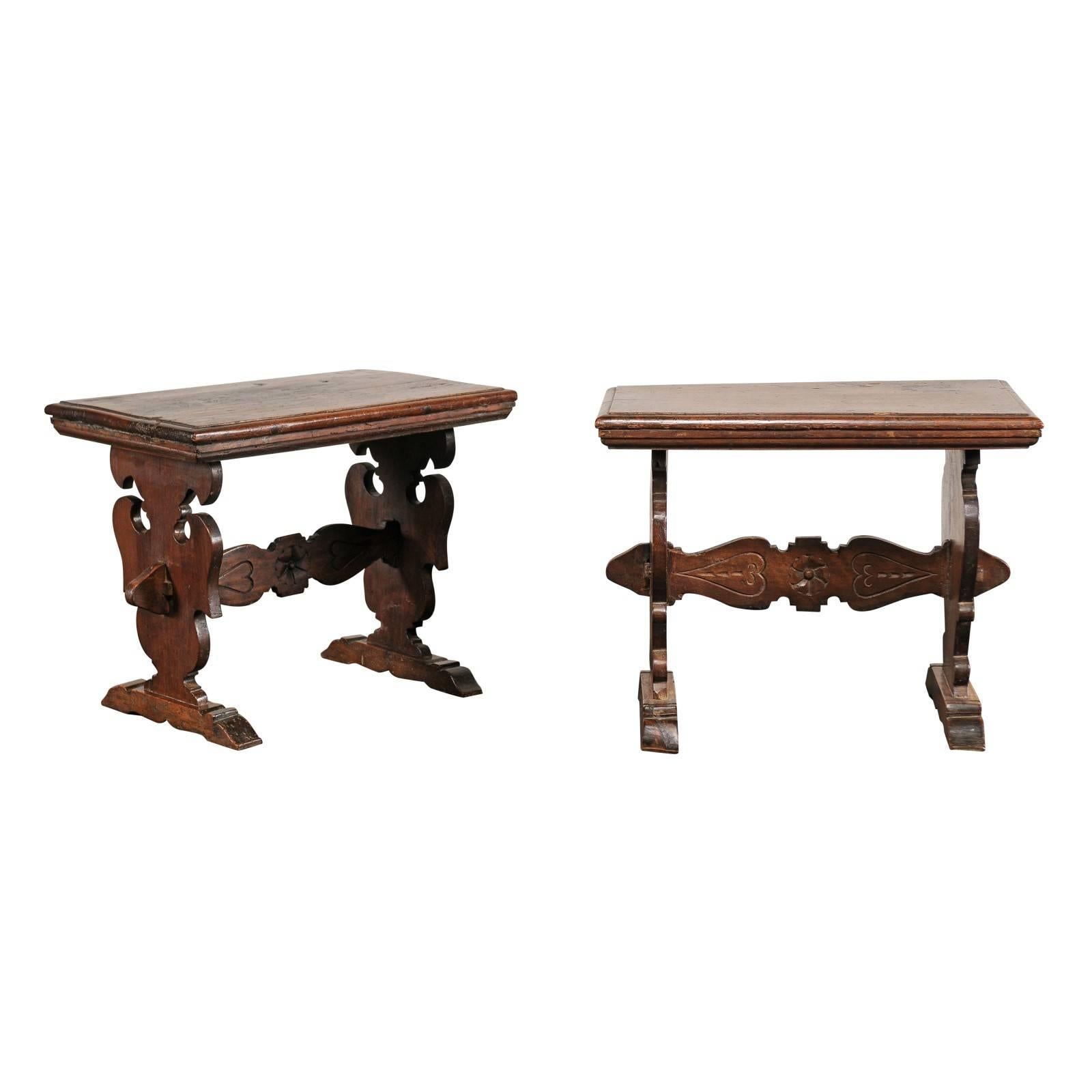 Pair of 20th Century Walnut Continental Side Tables on Carved Trestle Leg Base