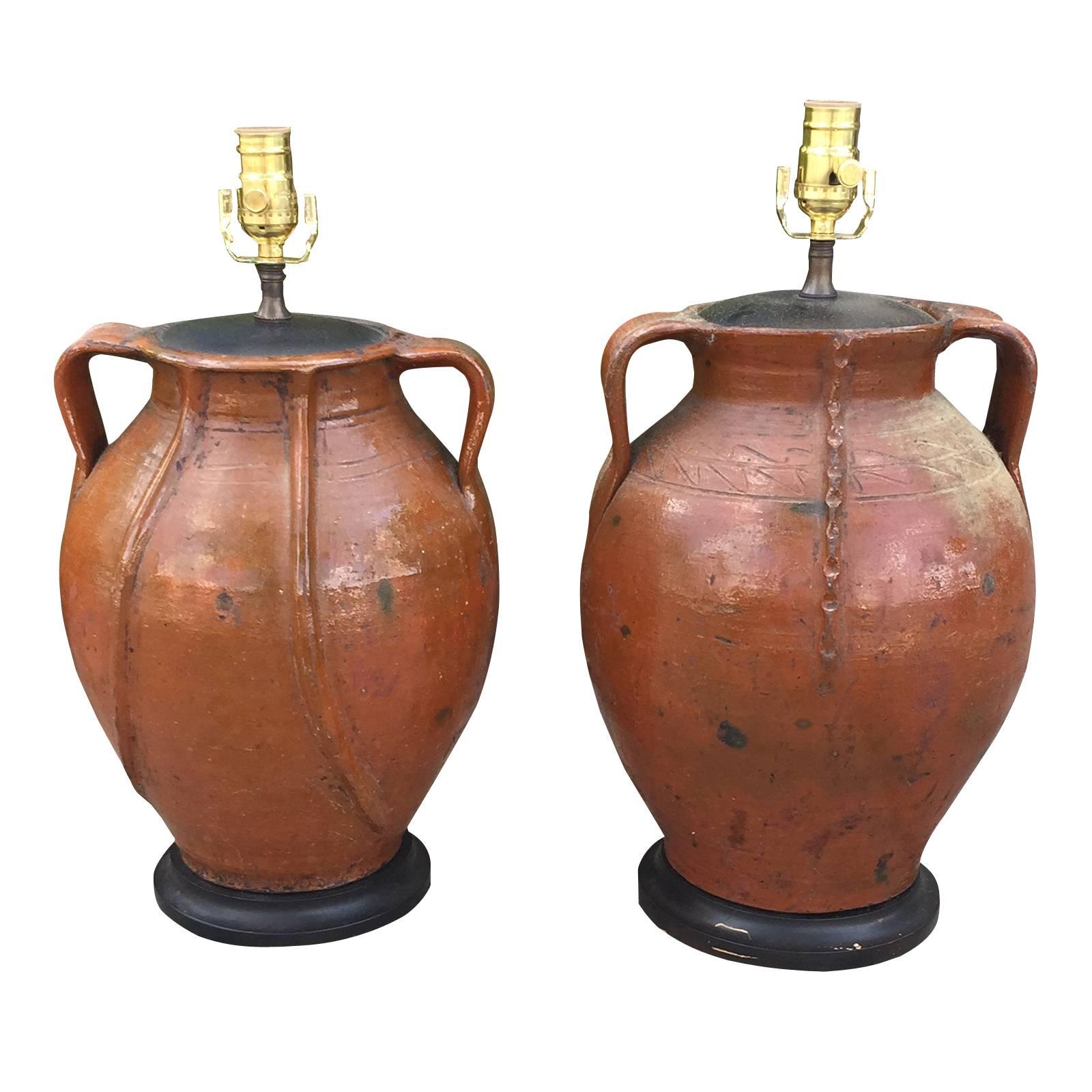 19th-20th Century Two Similar French Pottery Urns as Lamps