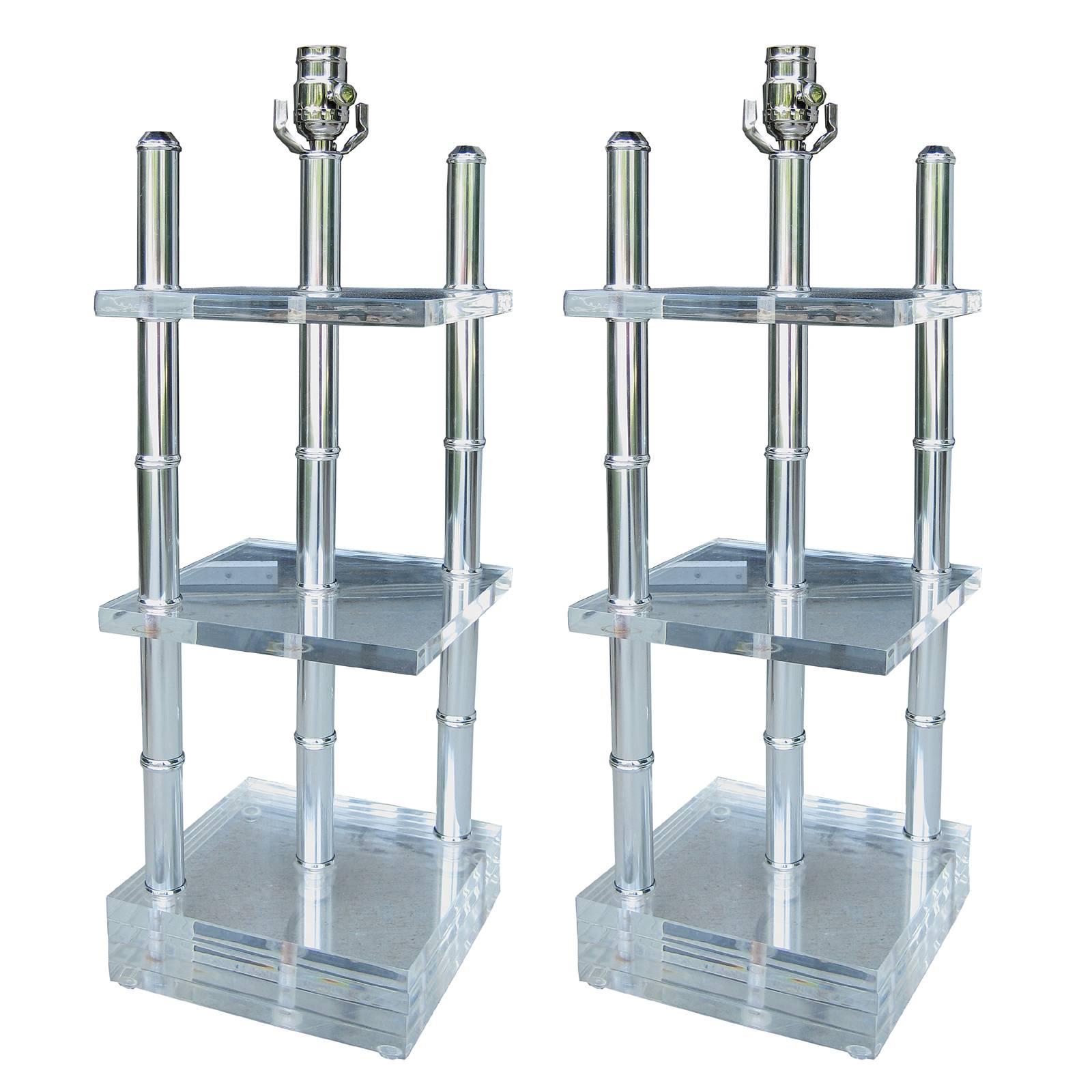 Pair of Mid-20th Century Architectural Lucite & Chrome Lamps For Sale