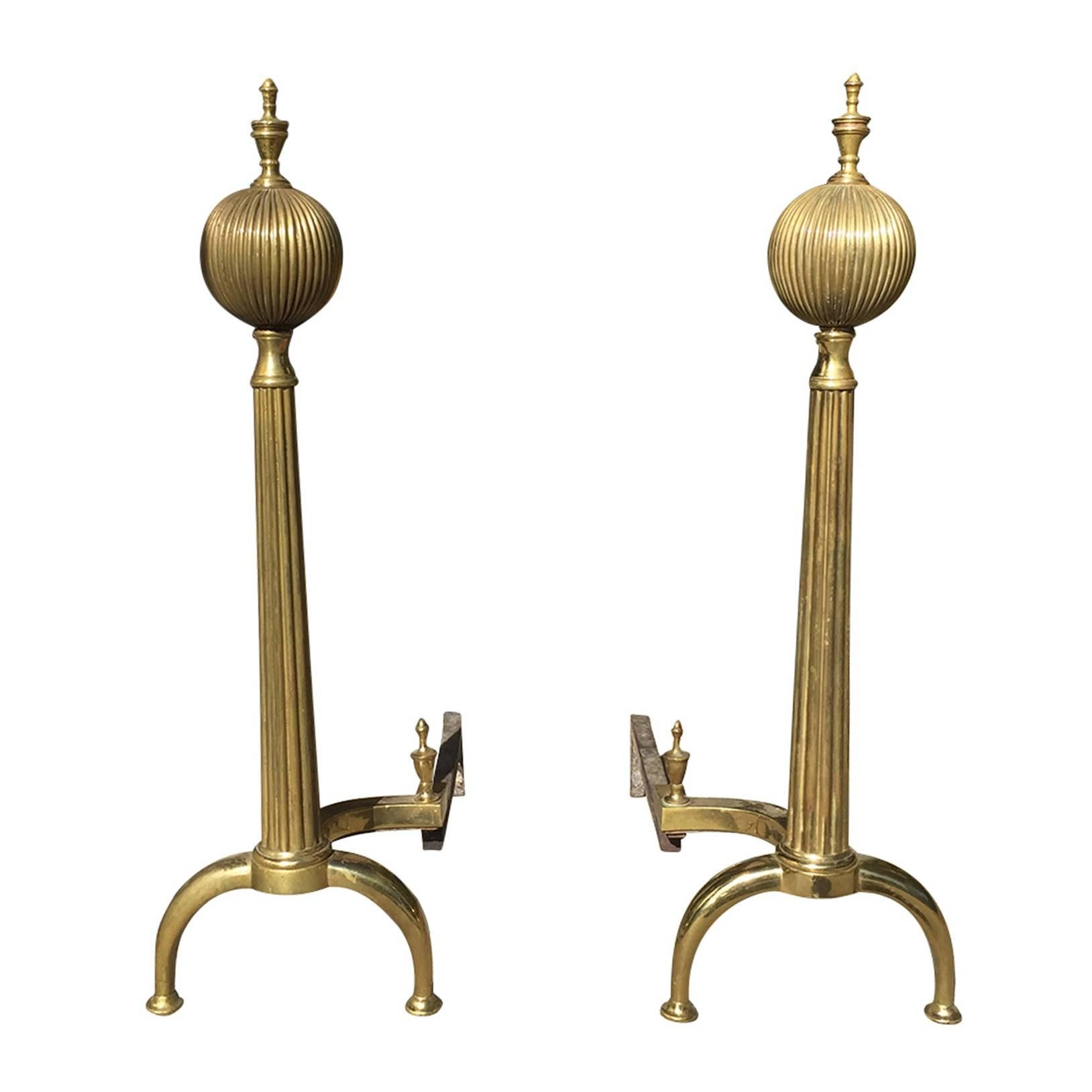 20th Century Tall Brass Andirons with Melon Finial