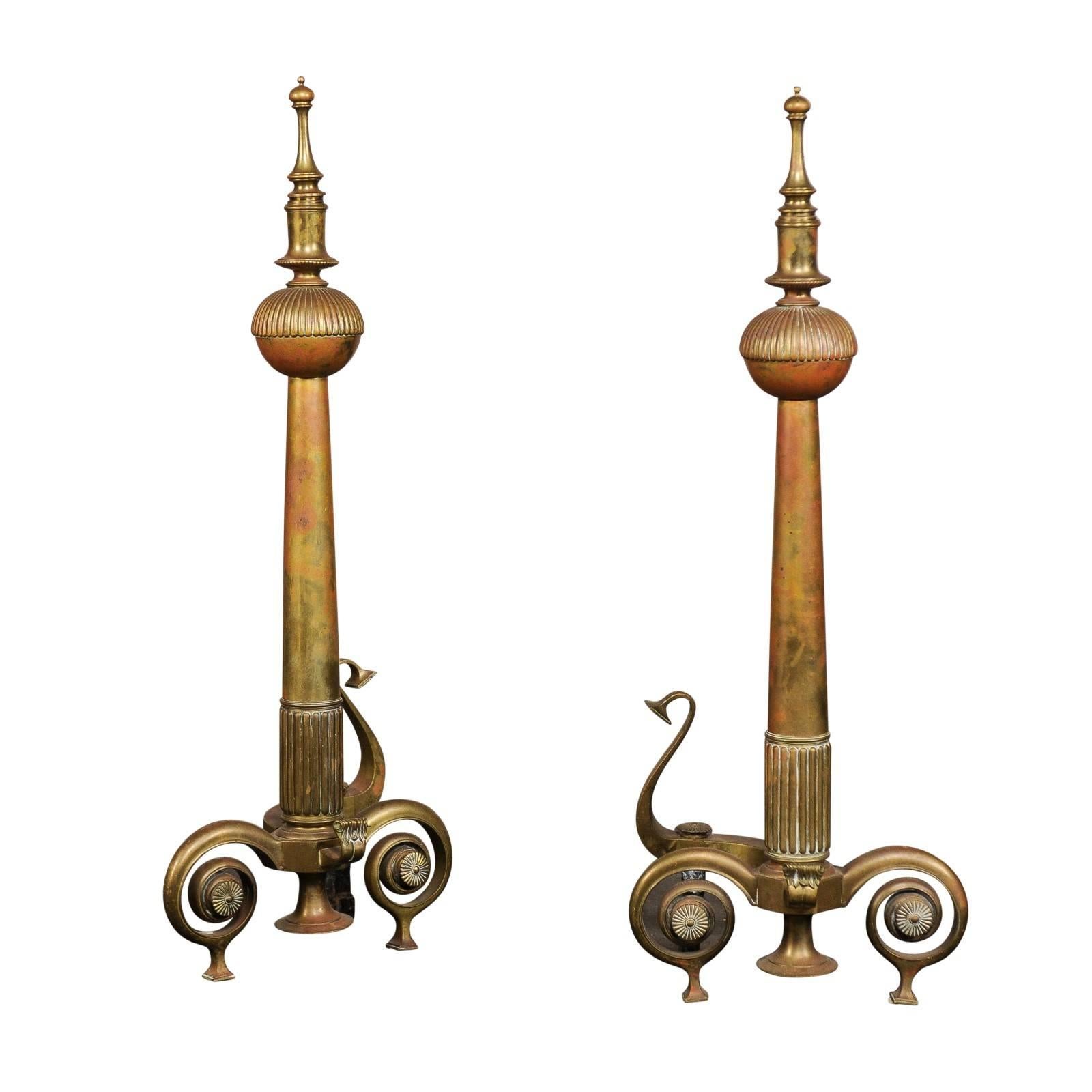 Pair of Large English Andirons with Beautifully Shaped Finials, circa 1880-1900 For Sale