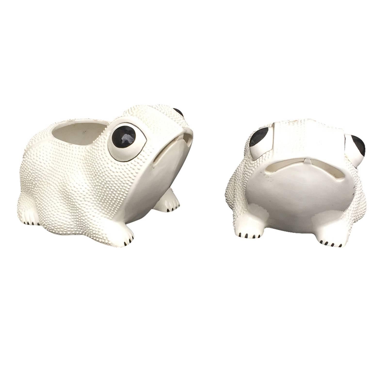 Pair of Large, 20th Century Italian White Glazed Frogs Marked, 'Italy'