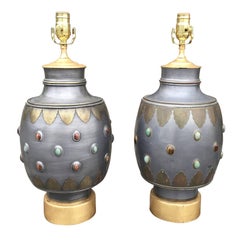 Pair of Midcentury Italian Pewter Lamps with Stone and
Brass, Custom Bases
