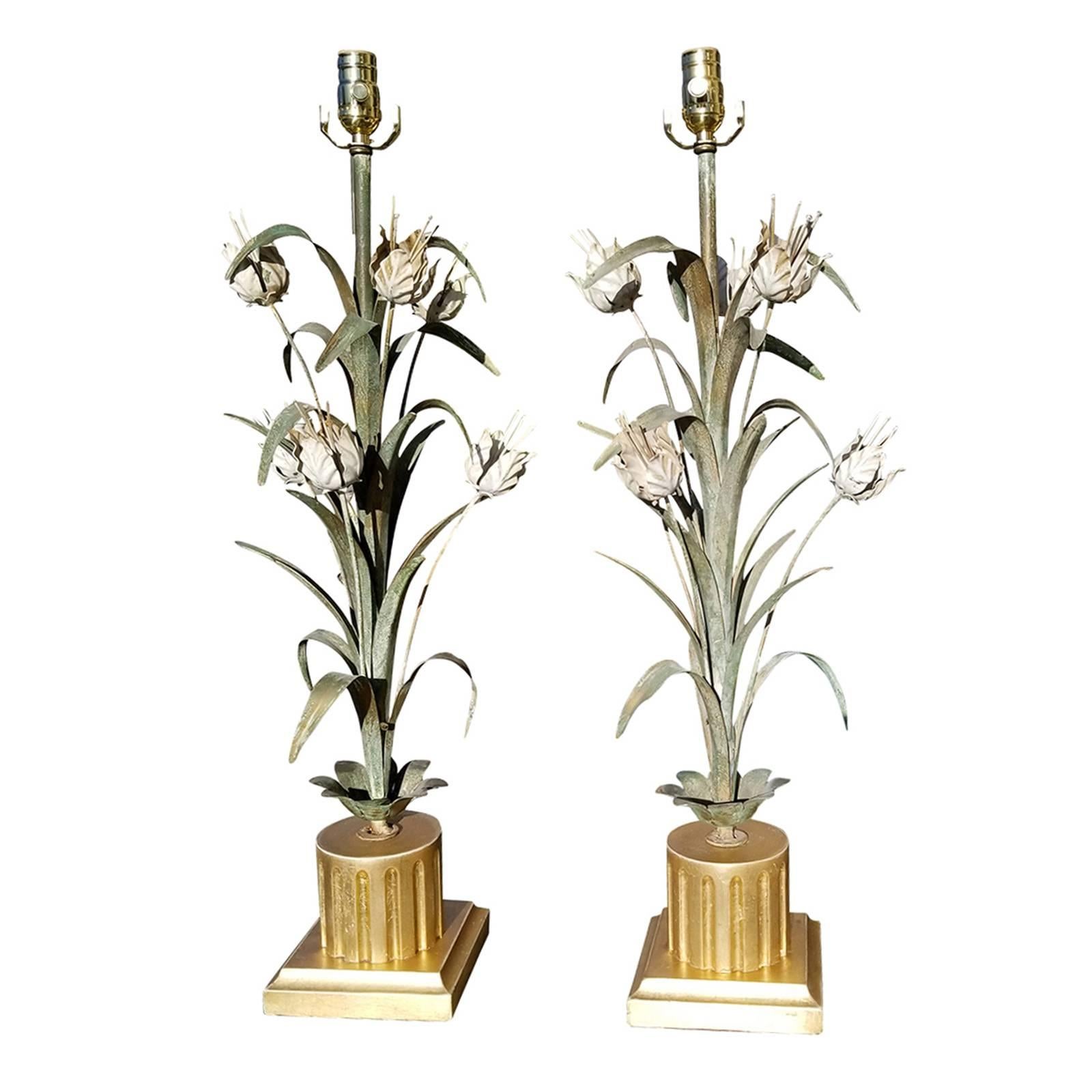 Pair of Italian Tole Tulip Lamps, Gilded Bases, circa 1950s