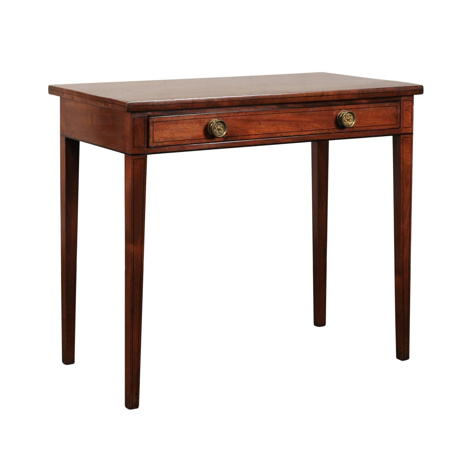 Early 19th Century English Regency Style Mahogany Table with Inlay, One Drawer