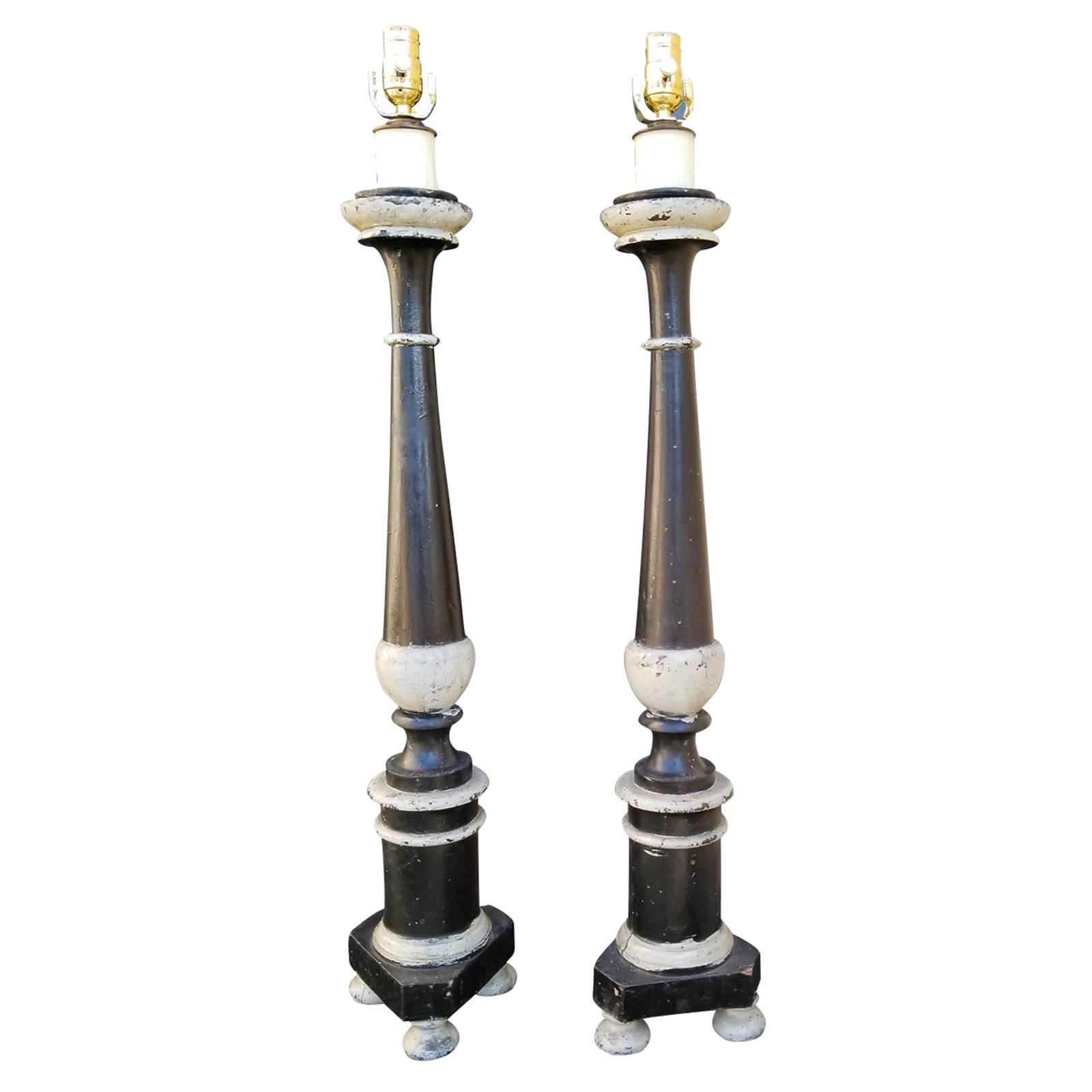 Pair of Italian Painted Prickets as Lamps, Black with Gray Details For Sale