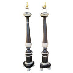 Pair of Italian Painted Prickets as Lamps, Black with Gray Details