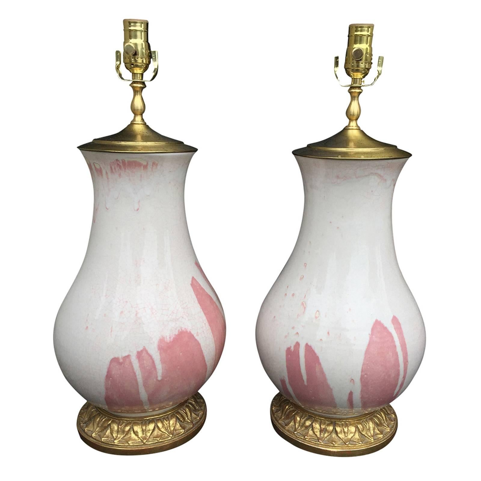 Pair of 20th Century White and Pink  Pottery Lamps, Custom Signed