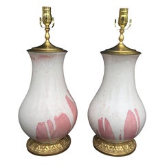 Pair of 20th Century White and Pink  Pottery Lamps, Custom Signed