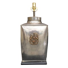 20th Century English Steel and Brass Tea Tin Lamp with Crest