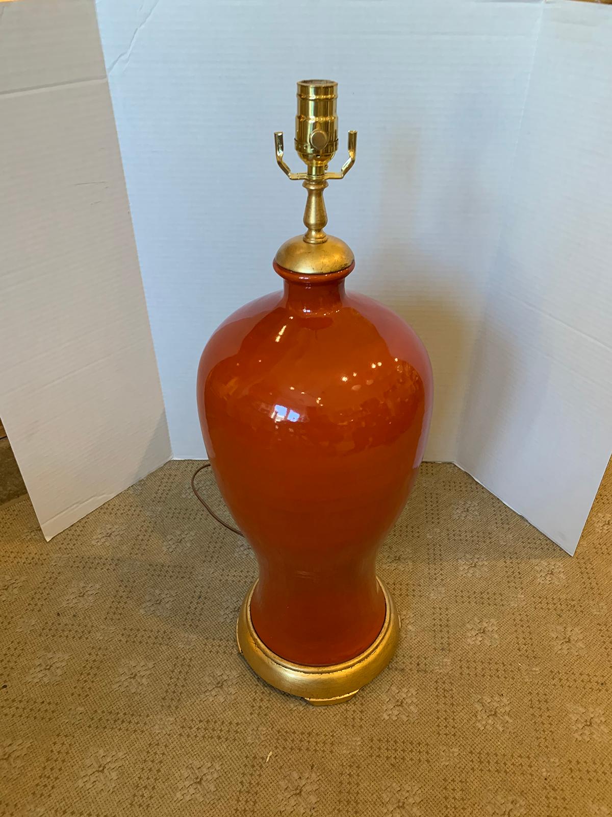 Mid-20th Century Orange Porcelain Vase as Lamp on Custom Giltwood Base For Sale 3