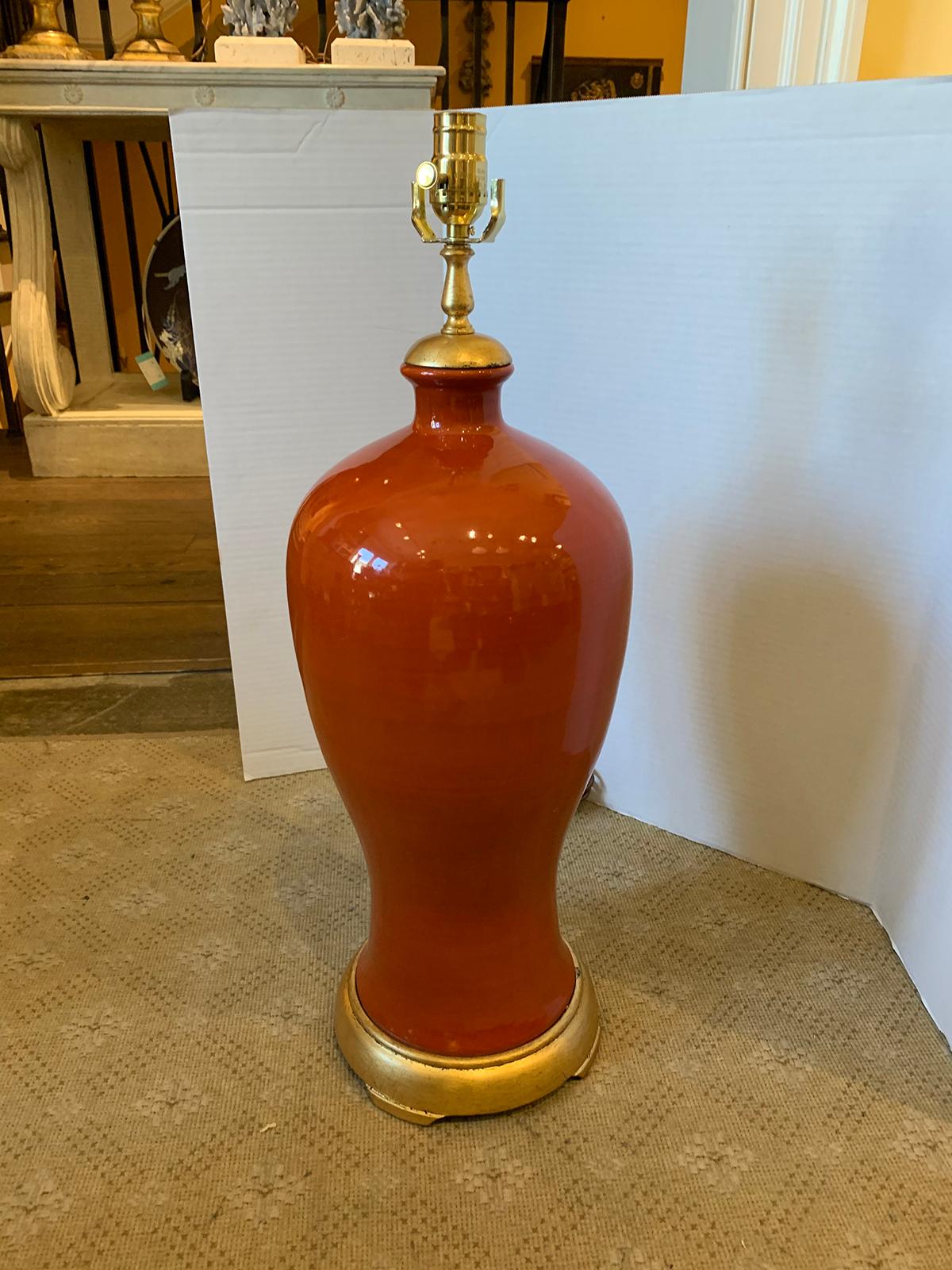 Mid-20th Century Orange Porcelain Vase as Lamp on Custom Giltwood Base For Sale 5