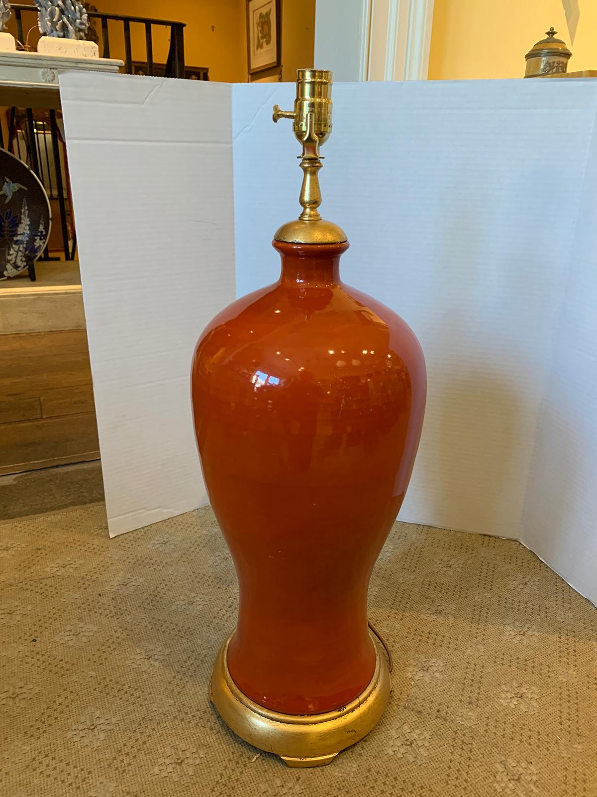 Mid-20th Century Orange Porcelain Vase as Lamp on Custom Giltwood Base For Sale 6