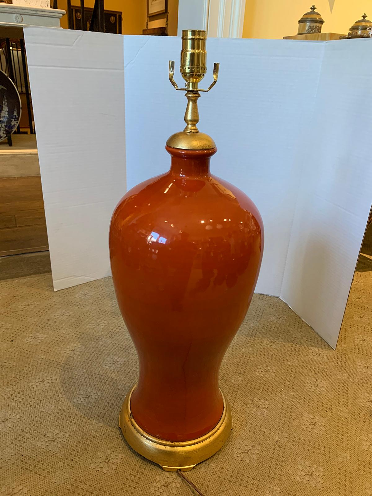 Mid-20th Century Orange Porcelain Vase as Lamp on Custom Giltwood Base For Sale 7