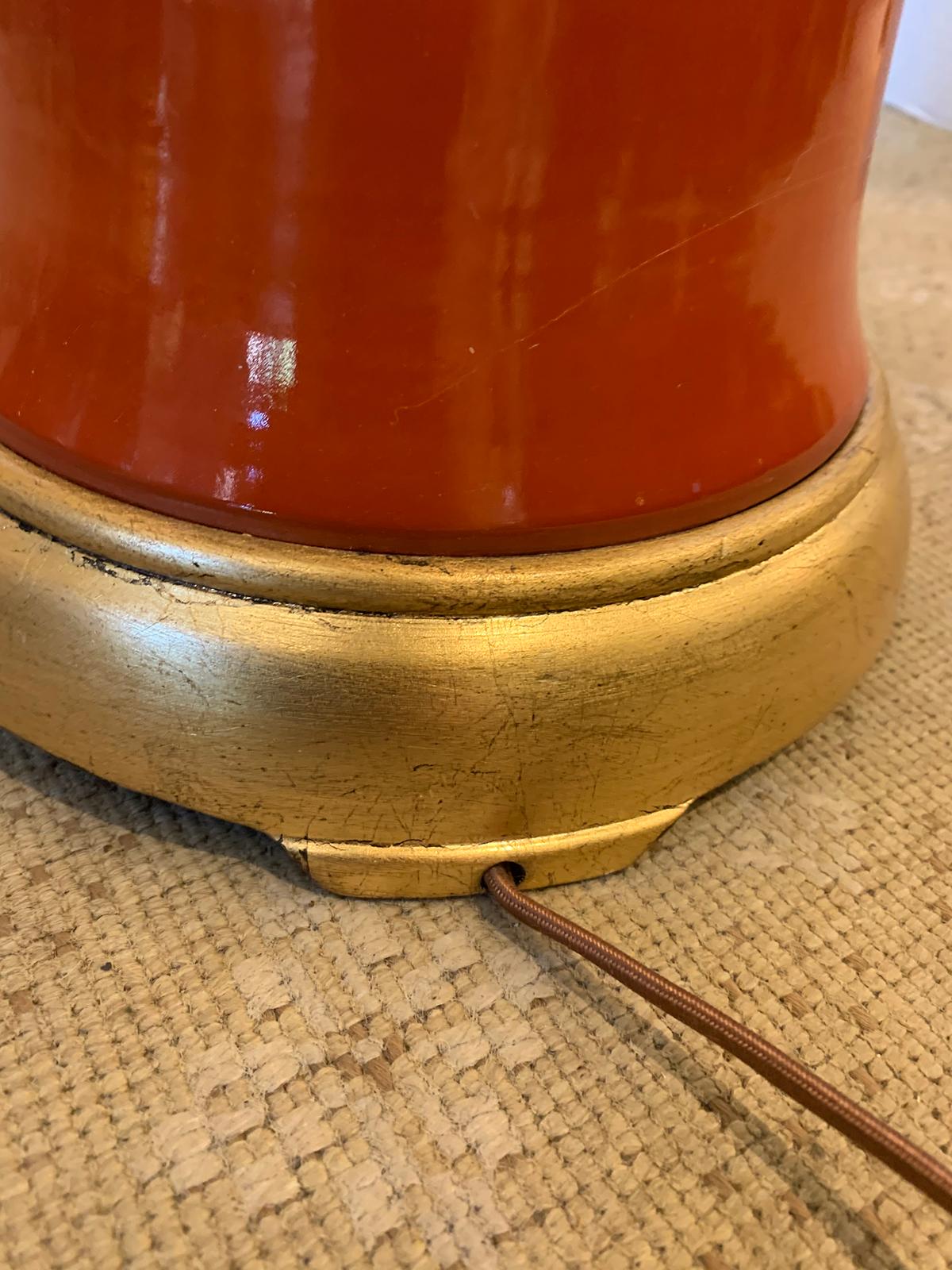 Mid-20th Century Orange Porcelain Vase as Lamp on Custom Giltwood Base For Sale 8