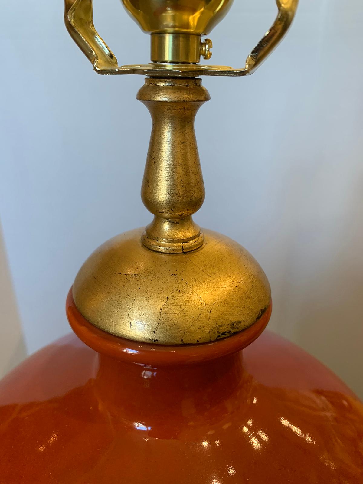 Mid-20th Century Orange Porcelain Vase as Lamp on Custom Giltwood Base For Sale 9