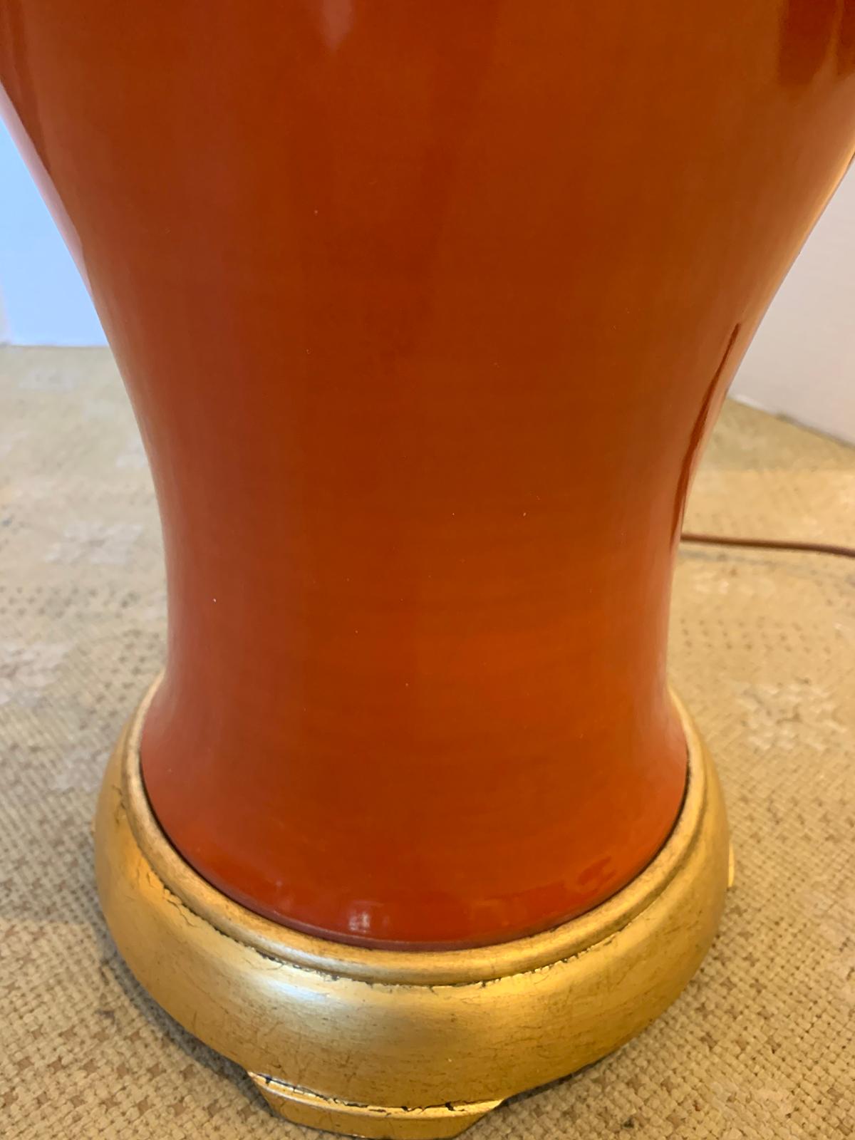 Mid-20th Century Orange Porcelain Vase as Lamp on Custom Giltwood Base For Sale 11