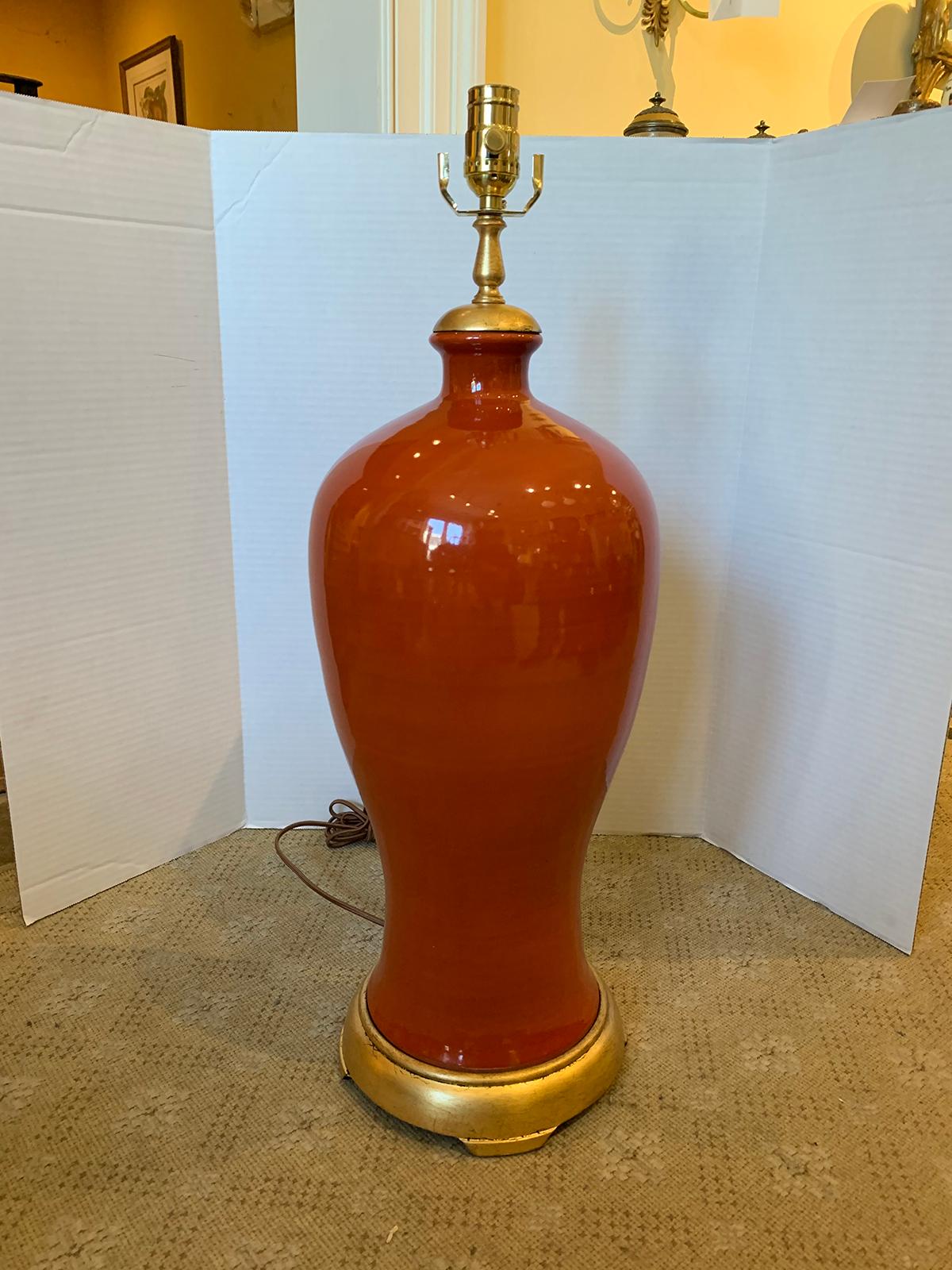 Mid-20th Century Orange Porcelain Vase as Lamp on Custom Giltwood Base For Sale 13