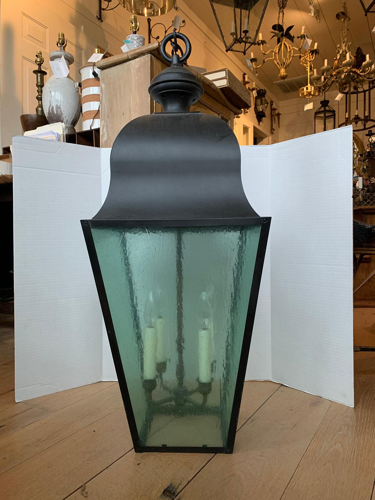 Pair of Large 20th Century Black Iron Four-Light Lanterns with Tinted Glass 5