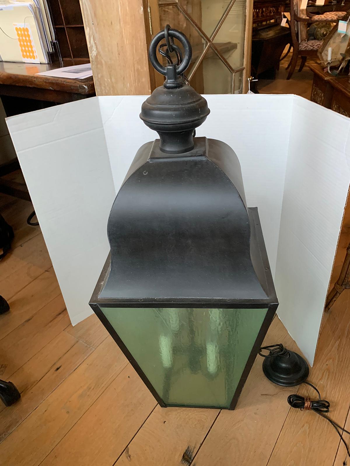 Pair of Large 20th Century Black Iron Four-Light Lanterns with Tinted Glass 6