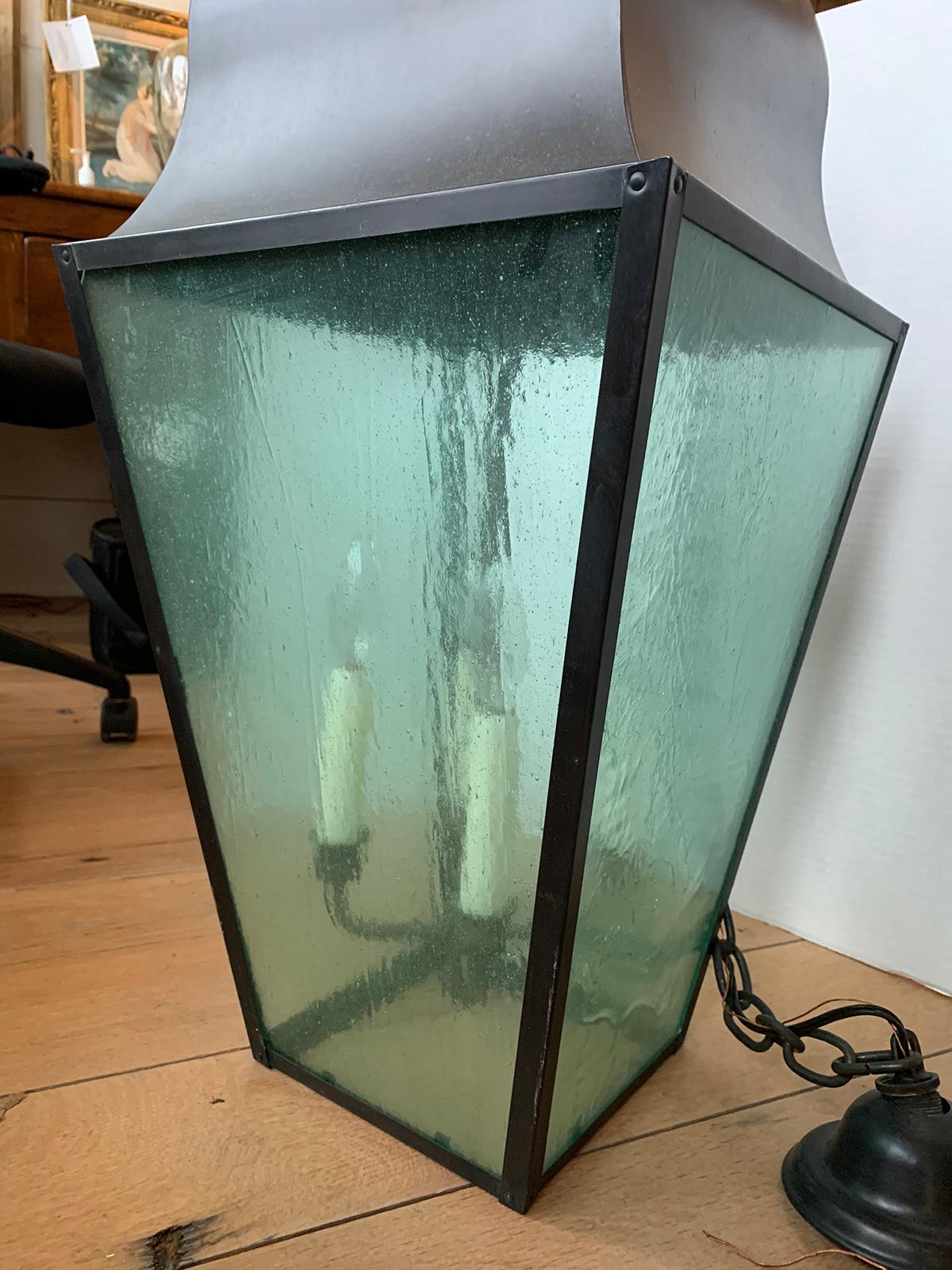 Pair of Large 20th Century Black Iron Four-Light Lanterns with Tinted Glass 7