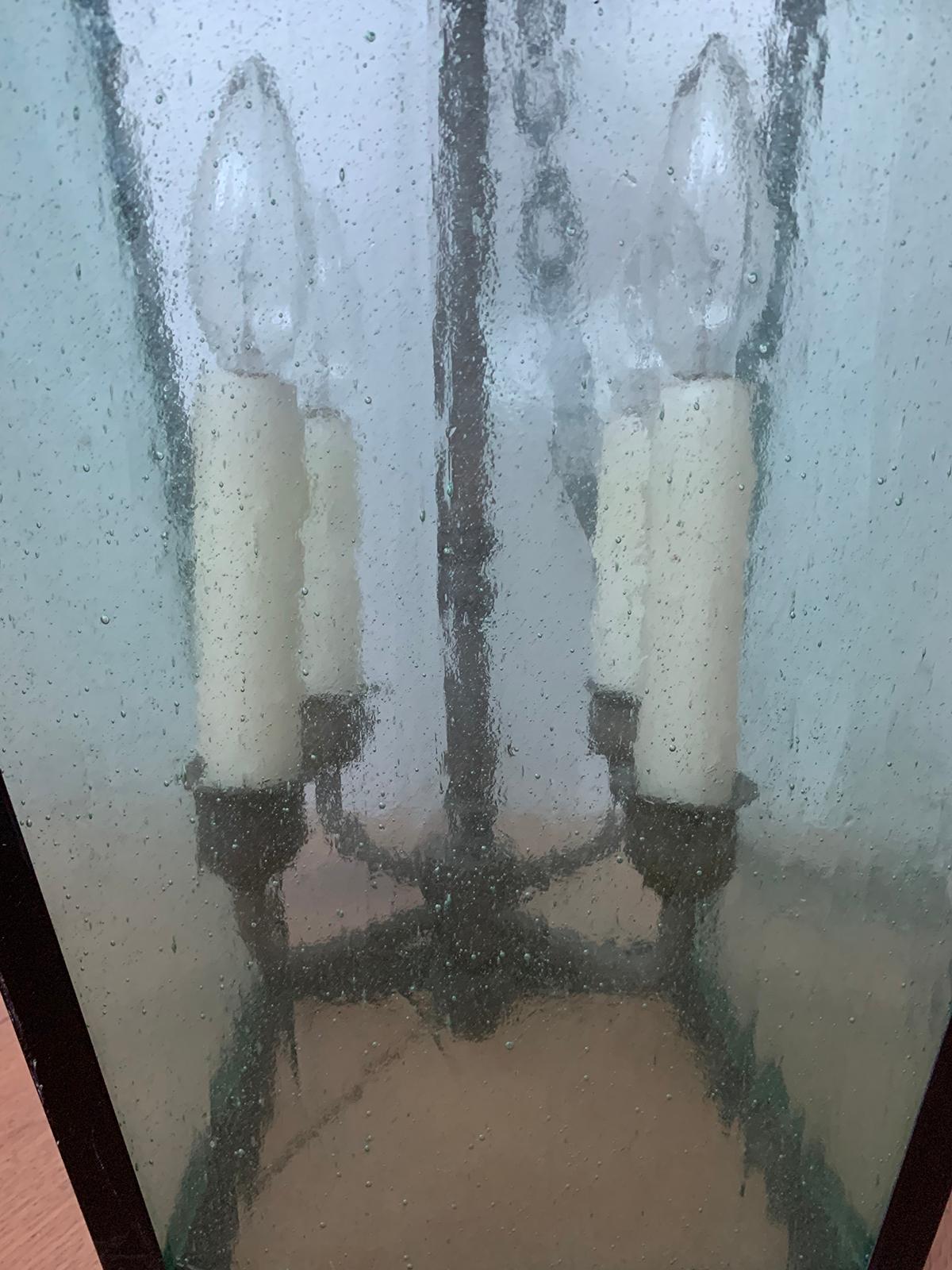 Pair of Large 20th Century Black Iron Four-Light Lanterns with Tinted Glass 8