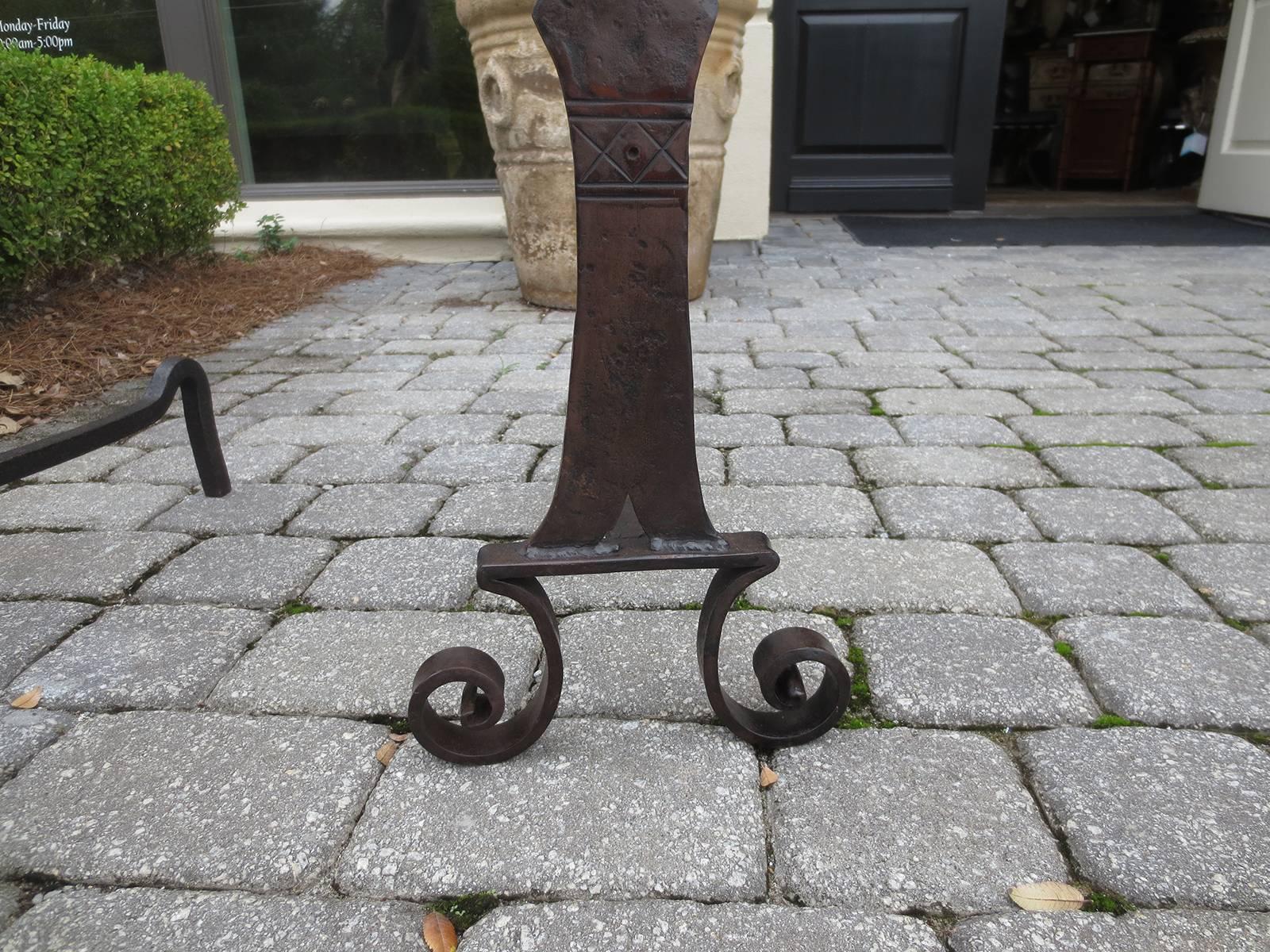Pair of Early 20th Century Iron and Brass Andirons In Good Condition In Atlanta, GA