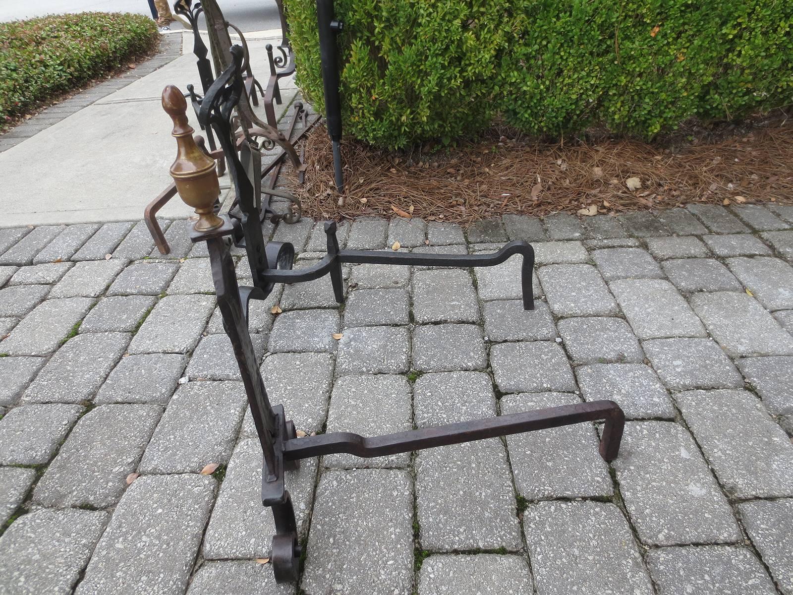 Pair of Early 20th Century Iron and Brass Andirons 1