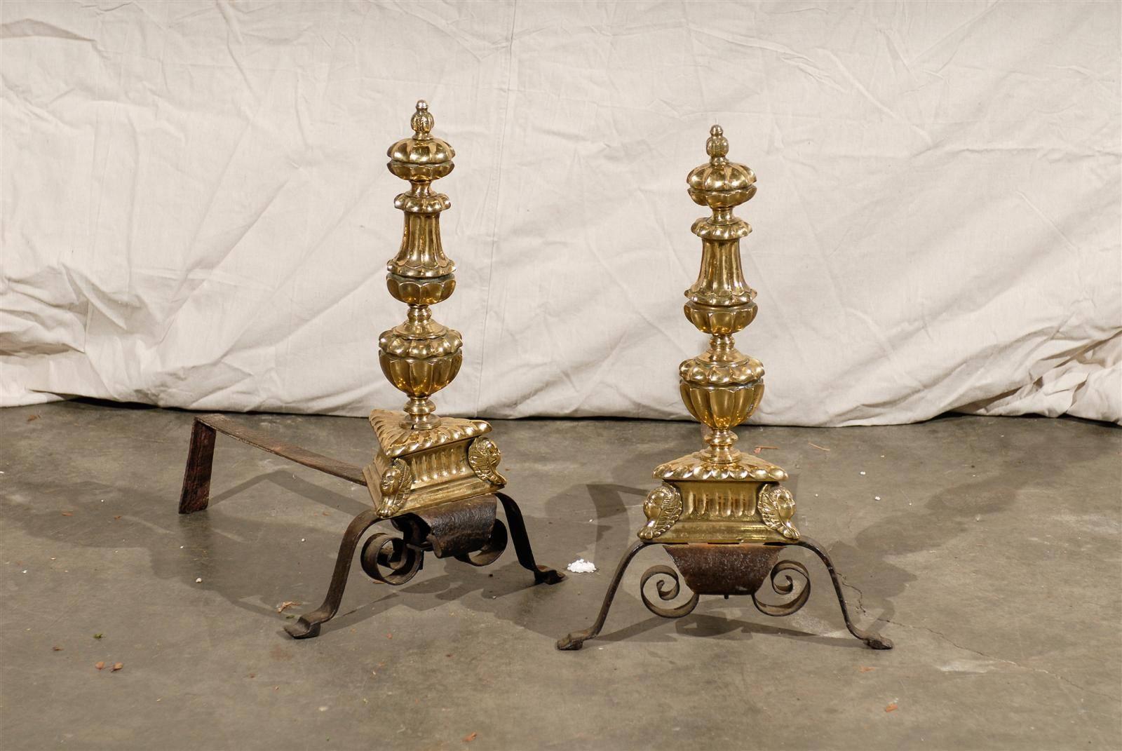 Pair of 18th-19th Century English George II Style Wrought Iron and Brass Andirons