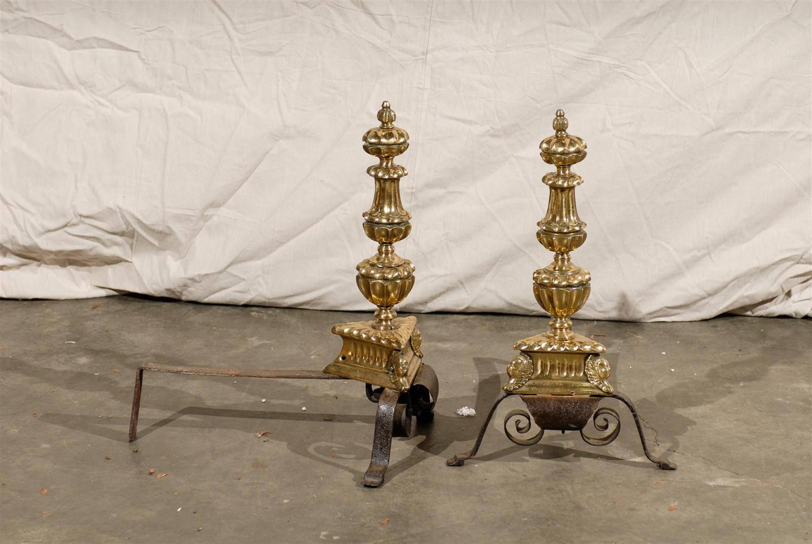 Pair 18th-19th Century English George II Style Wrought Iron and Brass Andirons In Good Condition In Atlanta, GA