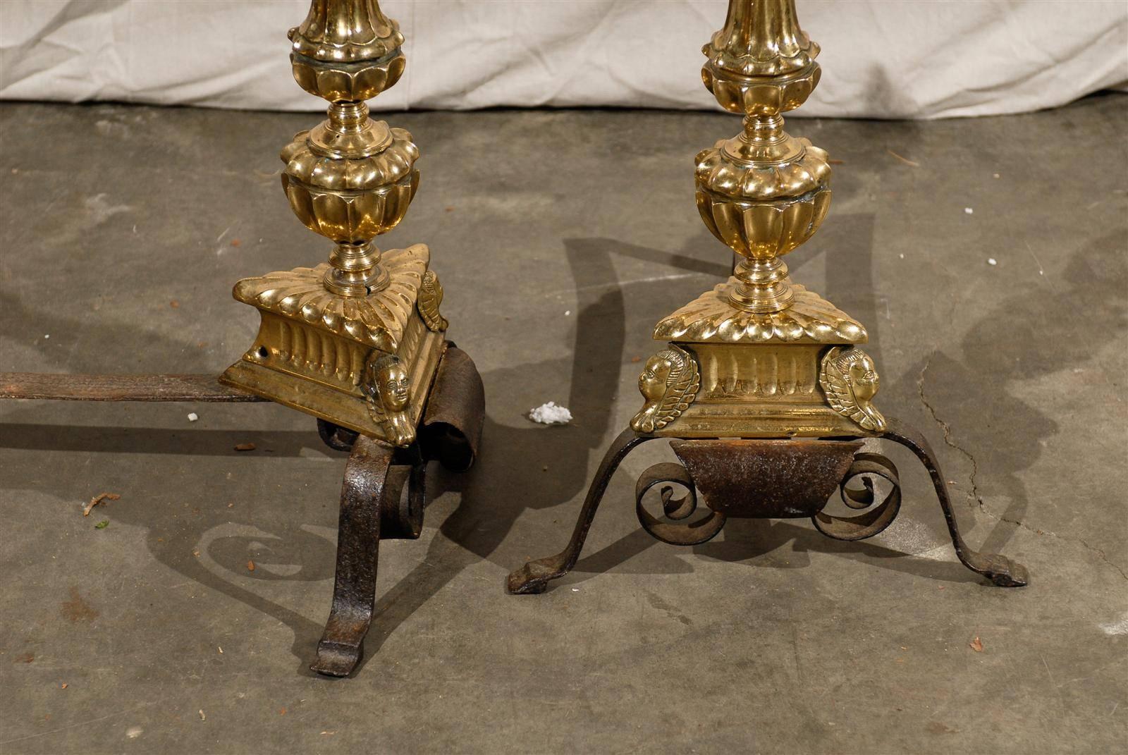 Pair 18th-19th Century English George II Style Wrought Iron and Brass Andirons 1