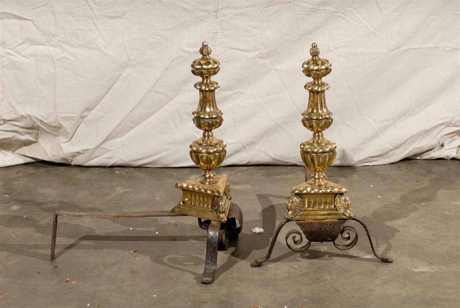 Pair 18th-19th Century English George II Style Wrought Iron and Brass Andirons 2