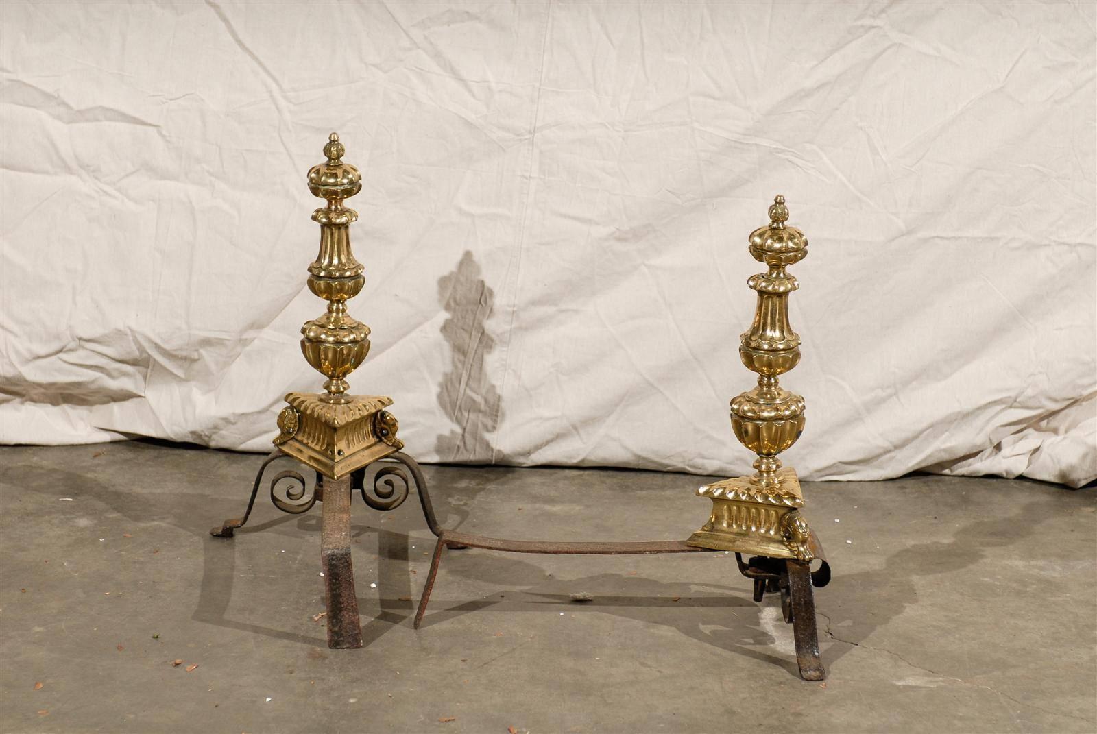 Pair 18th-19th Century English George II Style Wrought Iron and Brass Andirons 3